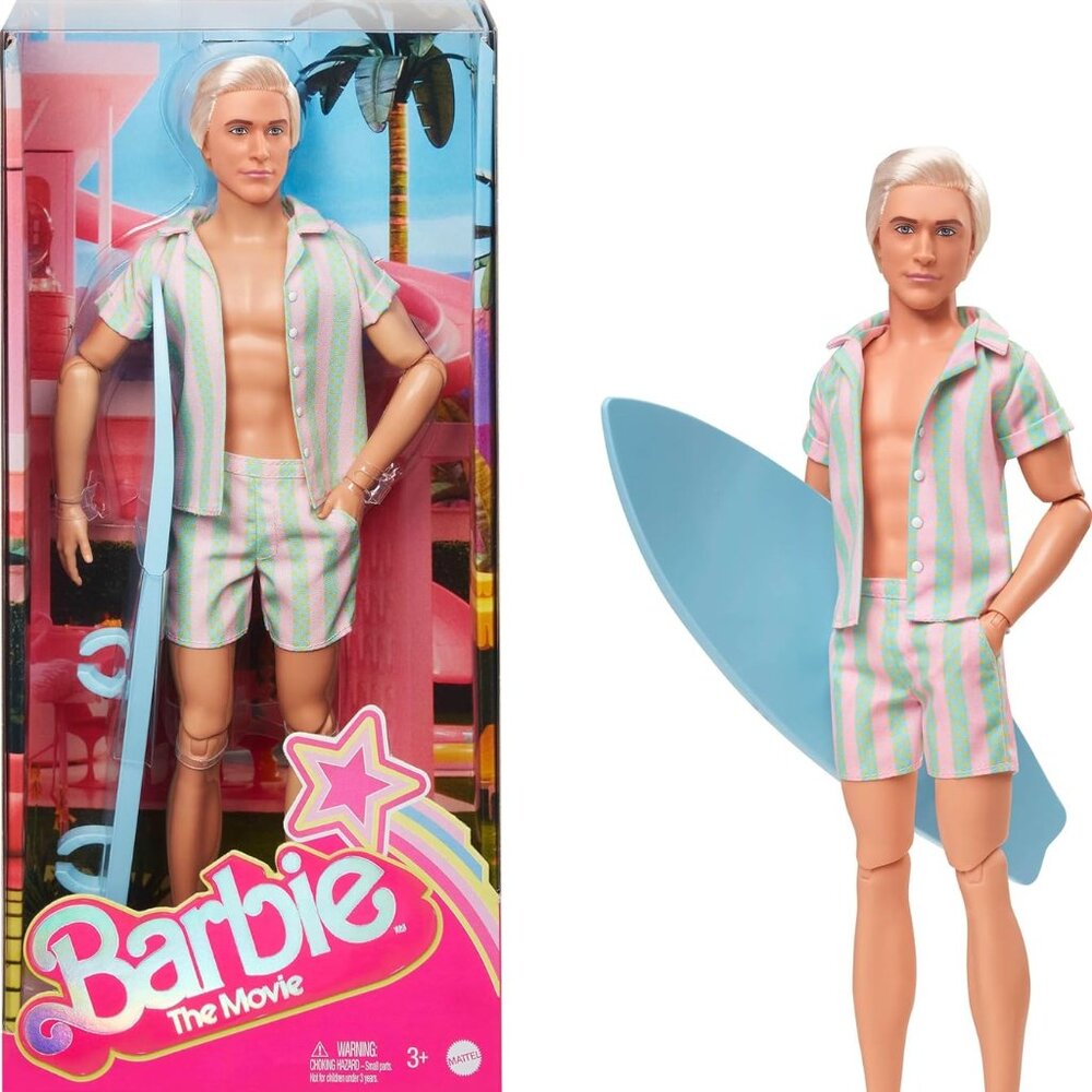 Barbie The Movie Ken Doll Wearing Pastel Pink and Green Striped Beach Matching S